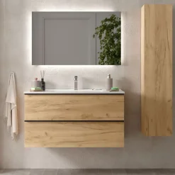 Meuble Vasque|Planète Bain Meuble salle de bain - 100 CM - avec plan vasque - Effet chêne brut - poignées noires - A suspendre - ARUBA