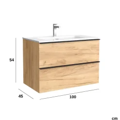 Meuble Vasque|Planète Bain Meuble salle de bain - 100 CM - avec plan vasque - Effet chêne brut - poignées noires - A suspendre - ARUBA