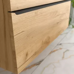 Meuble Vasque|Planète Bain Meuble salle de bain - 100 CM - avec plan vasque - Effet chêne brut - poignées noires - A suspendre - ARUBA