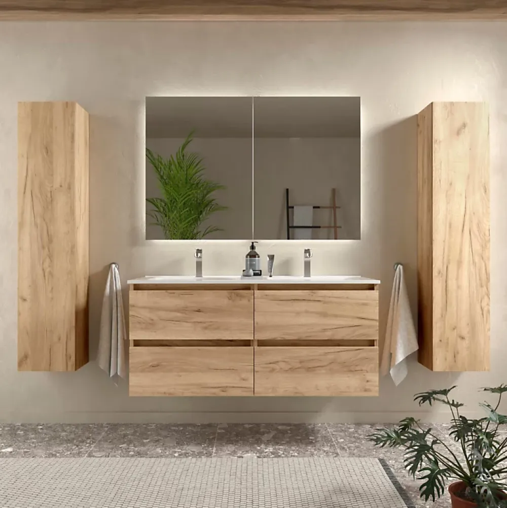 Meuble Vasque|Planète Bain Meuble salle de bain - 120 cm - Plan double vasques céramique - Effet chêne brut - A suspendre - KARAIB