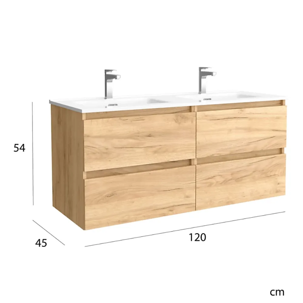 Meuble Vasque|Planète Bain Meuble salle de bain - 120 cm - Plan double vasques céramique - Effet chêne brut - A suspendre - KARAIB