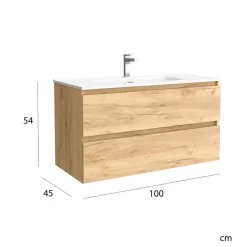 Meuble Vasque|Planète Bain Meuble salle de bain - 100 cm - avec plan vasque - Effet chêne brut - A suspendre - KARAIB