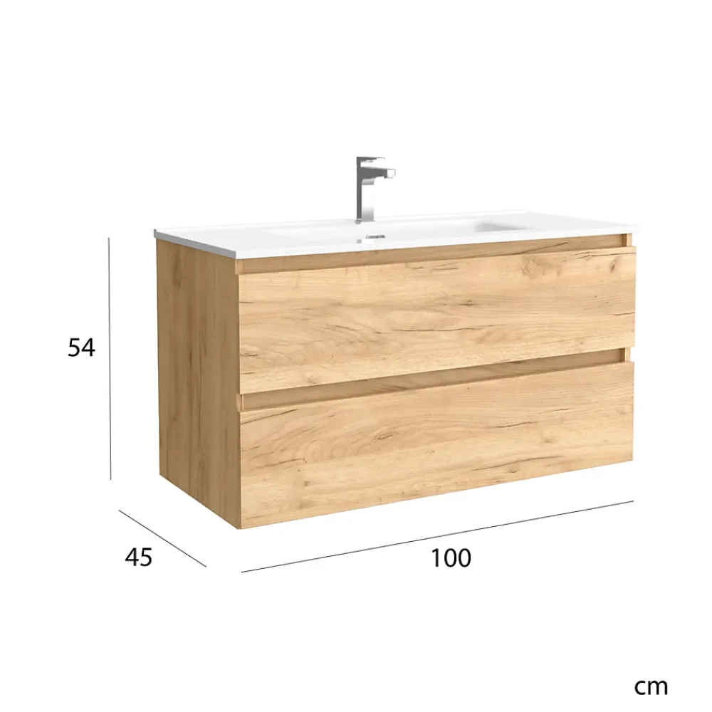 Meuble Vasque|Planète Bain Meuble salle de bain - 100 cm - avec plan vasque - Effet chêne brut - A suspendre - KARAIB