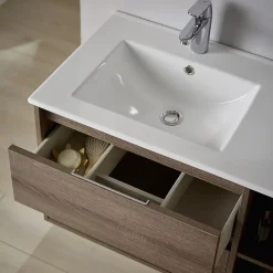 Ensemble Meuble De Salle De Bains|Planète Bain Meuble salle de bain - 80 cm - Plan décentré - Effet ciment - A suspendre - miroir et éclairage inclus - Venus