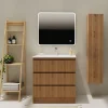 Planète Bain Meuble salle de bain 80 cm A poser - Plan vasque céramique - Effet bois strié - Karaib 2