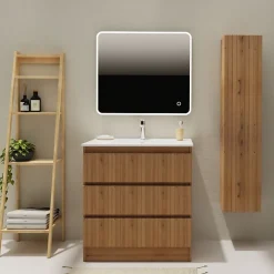 Planète Bain Meuble salle de bain 80 cm A poser - Plan vasque céramique - Effet bois strié - Karaib 2