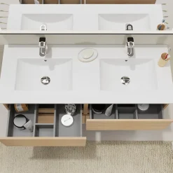 Meuble Vasque|Planète Bain Meuble salle de bain 120 cm - Double vasque céramique - Effet chêne sonoma - A suspendre - Karaib 2