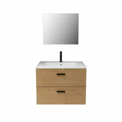 Aurlane Meuble salle de bain 60 cm suspendu 2 tiroirs finition Bois avec vasque et miroir - BOX-IN 60 WOOD
