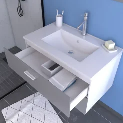 Ensemble Meuble De Salle De Bains|Aurlane Meuble salle de bain 80 cm suspendu 2 tiroirs Gris avec vasque et miroir - BOX-IN