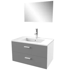 Ensemble Meuble De Salle De Bains|Aurlane Meuble salle de bain 80 cm suspendu 2 tiroirs Gris avec vasque et miroir - BOX-IN