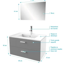 Ensemble Meuble De Salle De Bains|Aurlane Meuble salle de bain 80 cm suspendu 2 tiroirs Gris avec vasque et miroir - BOX-IN