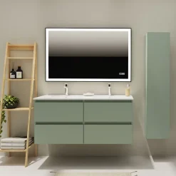 Planète Bain Meuble salle de bain 120 cm - Double vasque céramique - Vert mat - A suspendre - Karaib 2