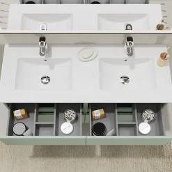 Planète Bain Meuble salle de bain 120 cm - Double vasque céramique - Vert mat - A suspendre - Karaib 2