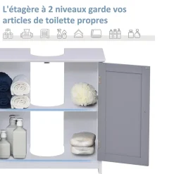 Meuble Sous-Vasque|kleankin Meuble salle de bain - meuble sous-vasque - placard 2 portes avec étagère - dim. 60L x 30l x 60H cm - MDF gris blanc