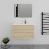 AICA Sanitaire Meuble salle de bain 2 tiroirs avec lavabo et miroir encadré-Chêne l.80 x W.44.5 x H.52 cm