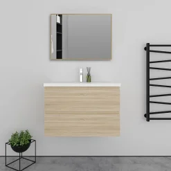 AICA Sanitaire Meuble salle de bain 2 tiroirs avec lavabo et miroir encadré-Chêne l.80 x W.44.5 x H.52 cm