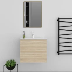 AICA Sanitaire Meuble salle de bain 2 tiroirs avec lavabo et miroir encadré-Chêne l.60 x W.38.5 x H.52 cm