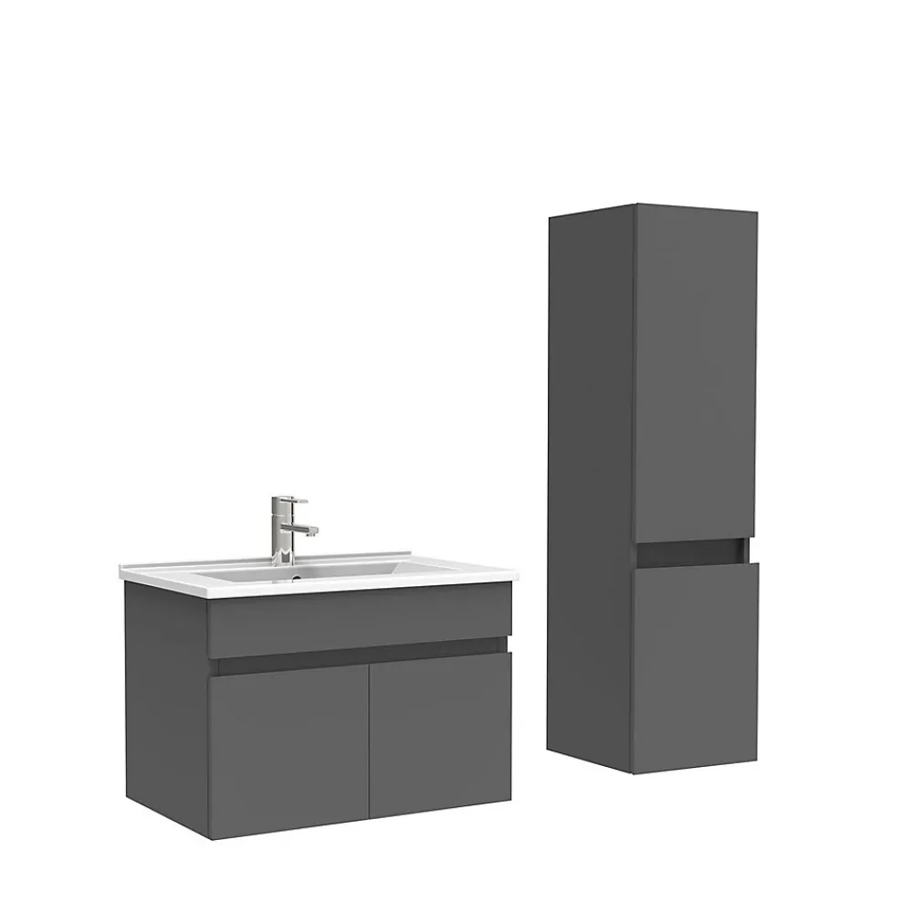 AICA Sanitaire Meuble Salle de Bain avec colonne 60cm Anthracite avec vasque ceramique
