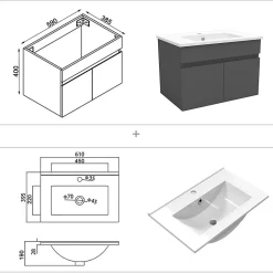 AICA Sanitaire Meuble Salle de Bain avec colonne 60cm Anthracite avec vasque ceramique