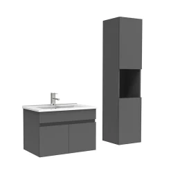 AICA Sanitaire Meuble Salle de Bain avec colonne et vasque ceramique 60cm Anthracite