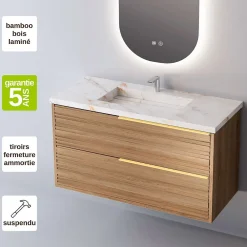 Sanizéo Meuble Salle de Bain BAMBOO 81 cm x H54 x P45 cm, Plan Vasque Grès Cérame BS, 2 Tiroirs Poignée Or, Chêne Naturel