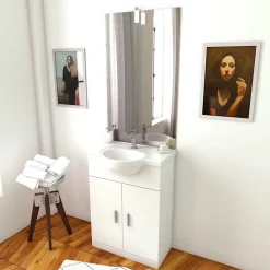 Ensemble Meuble De Salle De Bains|Aurlane Meuble salle de bain blanc 60 cm sur pied + vasque ceramique blanche + miroir applique led