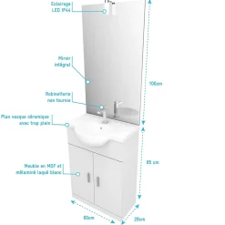 Ensemble Meuble De Salle De Bains|Aurlane Meuble salle de bain blanc 60 cm sur pied + vasque ceramique blanche + miroir applique led