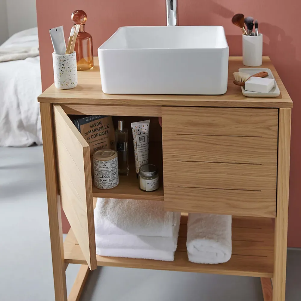 Mob-In Meuble salle de bain Chêne 70 cm ATOLL + Vasque carrée 36 cm