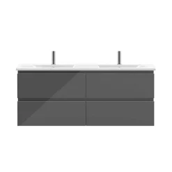 AICA Sanitaire Meuble salle de bain 120cm anthracite brillant avec 4 tiroirs à fermeture automatique et double lavabo céramique