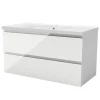 AICA Sanitaire Meuble salle de bain 100cm blanc brillant avec 2 tiroirs à fermeture automatique et simple lavabo céramique
