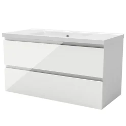 AICA Sanitaire Meuble salle de bain 100cm blanc brillant avec 2 tiroirs à fermeture automatique et simple lavabo céramique