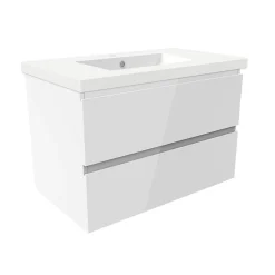 AICA Sanitaire Meuble salle de bain 80cm blanc brillant avec 2 tiroirs à fermeture automatique et simple lavabo