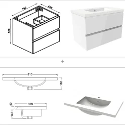 AICA Sanitaire Meuble salle de bain 80cm blanc brillant avec 2 tiroirs à fermeture automatique et simple lavabo