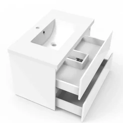 AICA Sanitaire Meuble salle de bain 80cm blanc brillant avec 2 tiroirs à fermeture automatique et simple lavabo