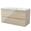 Meuble Vasque|AICA Sanitaire Meuble salle de bain 100cm Chêne Wotan brillant avec 2 tiroirs à fermeture automatique et simple lavabo céramique