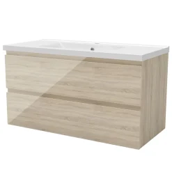 Meuble Vasque|AICA Sanitaire Meuble salle de bain 100cm Chêne Wotan brillant avec 2 tiroirs à fermeture automatique et simple lavabo céramique
