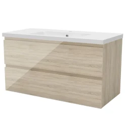 AICA Sanitaire Meuble salle de bain 100cm Chêne Wotan brillant avec 2 tiroirs à fermeture automatique et simple lavabo