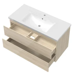 AICA Sanitaire Meuble salle de bain 100cm Chêne Wotan brillant avec 2 tiroirs à fermeture automatique et simple lavabo