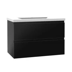 AICA Sanitaire Meuble salle de bain 80cm noir brillant avec 2 tiroirs à fermeture automatique et simple lavabo