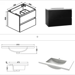 AICA Sanitaire Meuble salle de bain 80cm noir brillant avec 2 tiroirs à fermeture automatique et simple lavabo