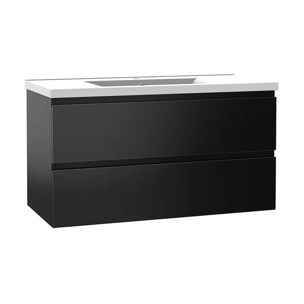 Meuble Vasque|AICA Sanitaire Meuble salle de bain 100cm noir brillant avec 2 tiroirs à fermeture automatique et simple lavabo céramique