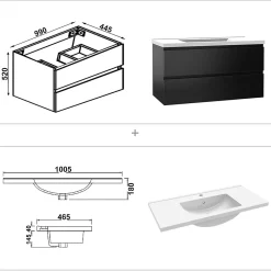 Meuble Vasque|AICA Sanitaire Meuble salle de bain 100cm noir brillant avec 2 tiroirs à fermeture automatique et simple lavabo céramique