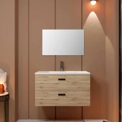 Aurlane Meuble salle de bain 80cm suspendu 2 tiroirs Décor Bois avec vasque et miroir - BOX-IN