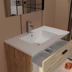 Aurlane Meuble salle de bain 80cm suspendu 2 tiroirs Décor Bois avec vasque et miroir - BOX-IN