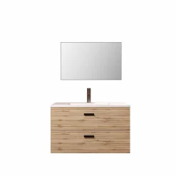 Aurlane Meuble salle de bain 80cm suspendu 2 tiroirs Décor Bois avec vasque et miroir - BOX-IN