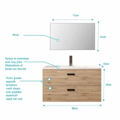 Aurlane Meuble salle de bain 80cm suspendu 2 tiroirs Décor Bois avec vasque et miroir - BOX-IN