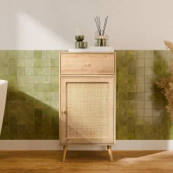 Sweeek Meuble salle de bain décor bois et cannage Bohème 1 tiroir 1 étagère 45 x 36 x 90 cm naturel