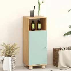Armoire De Salle De Bains|Homcom Meuble salle de bain design nordique porte étagère niche effet bois clair vert d'eau