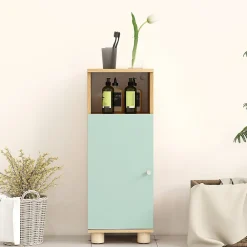 Armoire De Salle De Bains|Homcom Meuble salle de bain design nordique porte étagère niche effet bois clair vert d'eau