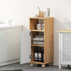Armoire De Salle De Bains|Homcom Meuble salle de bain design nordique porte étagère niche effet bois clair vert d'eau